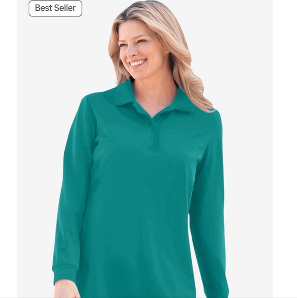 Woman Within Teal 1x Long Sleeve Polo - Picture 1 of 4